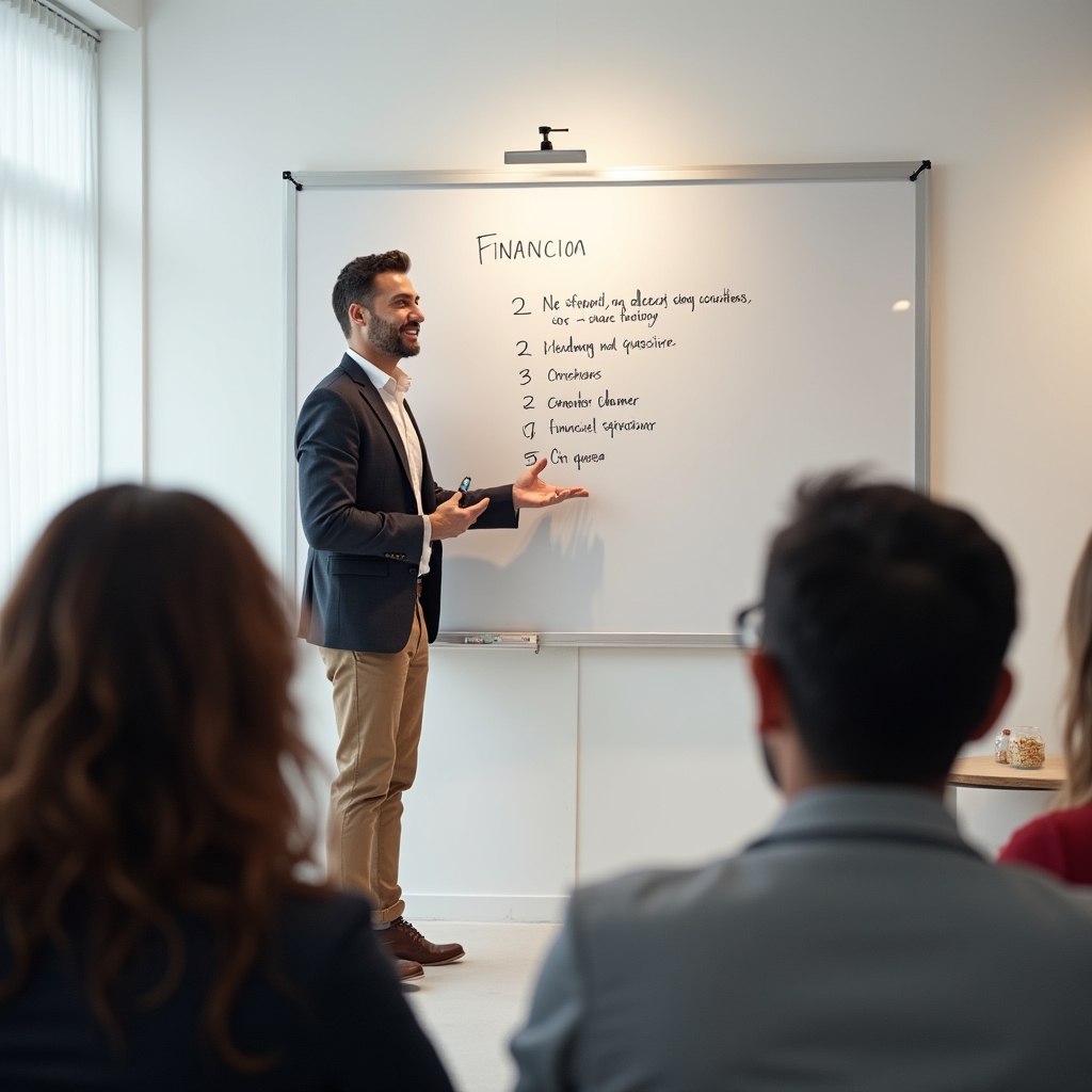 Facilitator standing at a whiteboard presenting financial organization concepts to a small attentive group