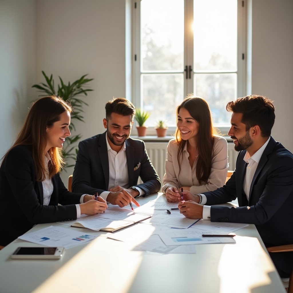 Group of young professionals seated around a table reviewing financial worksheets together