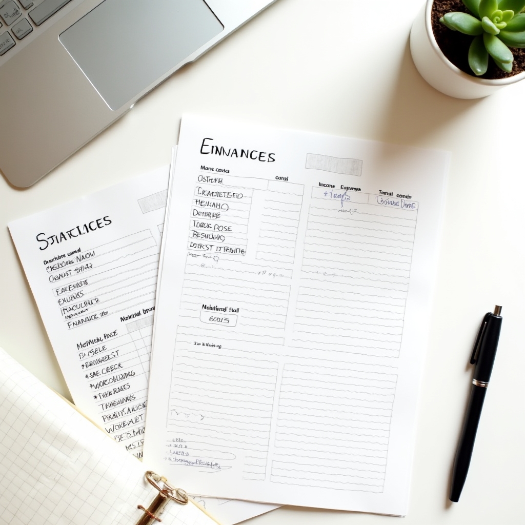 Neatly organized financial documents, notebooks and a pen on a clean minimal desk surface with warm light