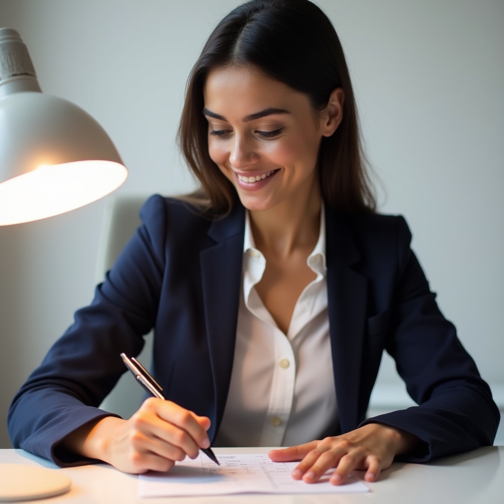 Young professional carefully reviewing a financial worksheet with a pen in hand, focused expression