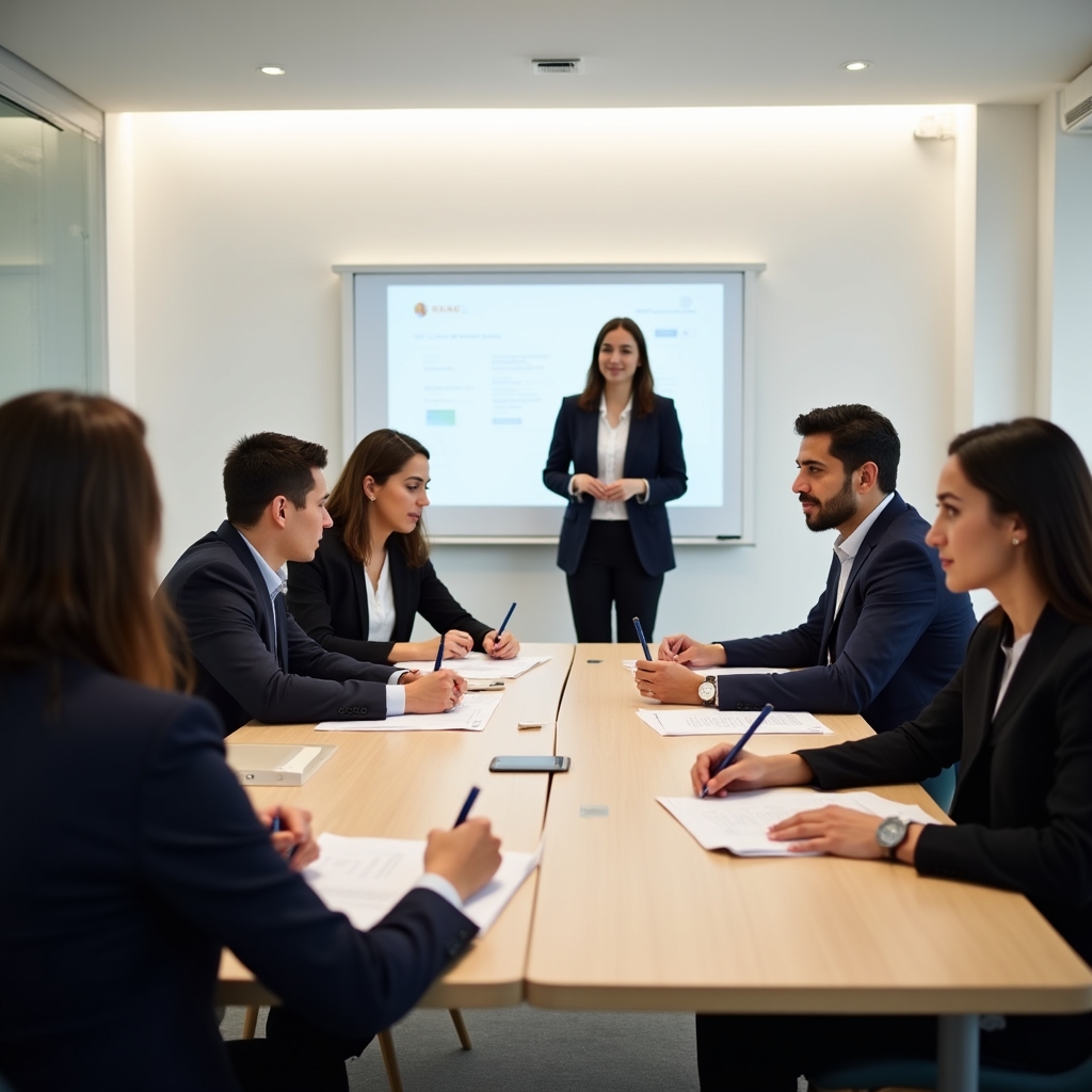 Wide angle view of a professional group session in progress, participants seated at individual workstations with organized materials, bright modern room