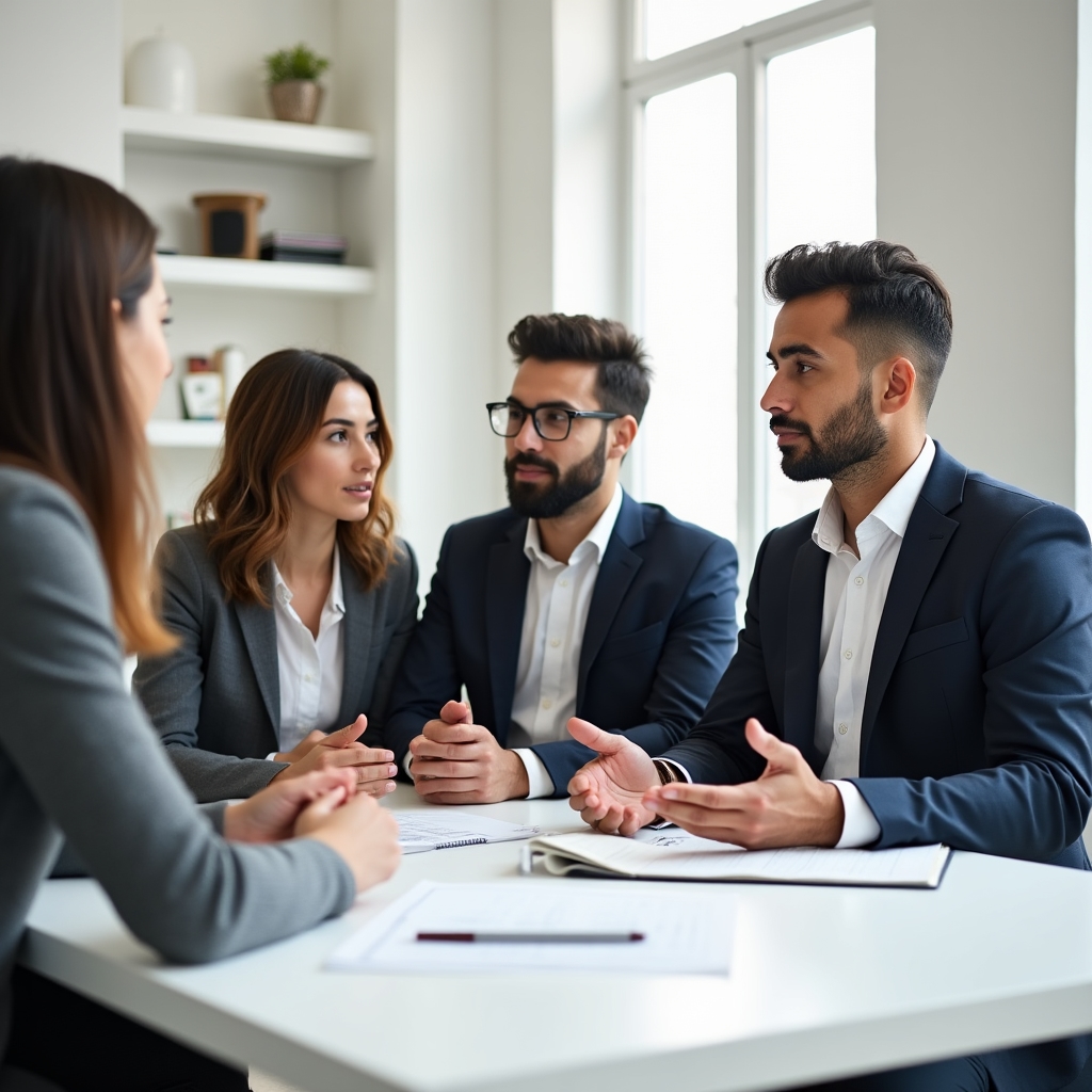 Small group of three young professionals discussing financial concepts at a bright, minimal workspace